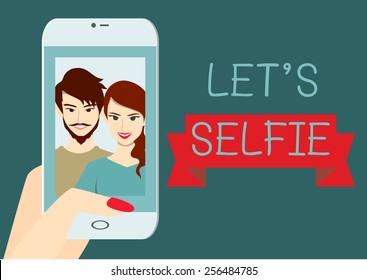 Let's self-ie. A couple taking selfie together.Flat design.