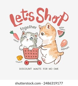 let's shop slogan with cartoon cute kittens in shopping cart vector illustration