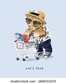 let's shop slogan with fashion cat and shopping cart illustration