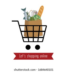 Let's shopping online. Basket icon and food bananas, fish, avocado, milk, broccoli, bread. Vector illustration. 