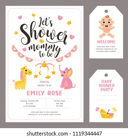 Let's Shower Mommy to be. Baby shower set. Invitation template with hand lettering, cute baby, cradle, funny toys. Labels with letters and kids illustration.