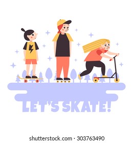 Let's Skate! minimalistic cartoon style vector poster (background). Sports teenage girls (young women) background.