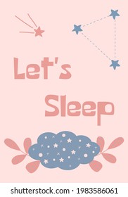 Let's sleep card. Bright starry night Vector cartoon illustration. Use for card, poster in nursery or print