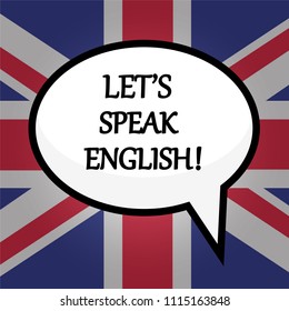 Let's speak English! education concept over British flag, stock vector illustration