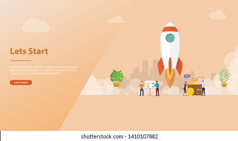 lets start big words concept with team people and rocket startup launch business for website template banner or landing homepage - vector