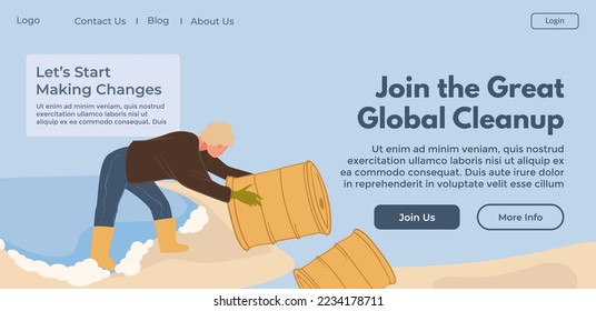 Lets start making changes by cleaning garbage and disposal. Join great global cleanup. Caring for ecosystem and nature, rubbish and litter. Website landing page, internet site. Vector in flat style