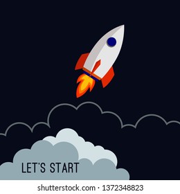 Let's start. Startup project design concept. Vector flat illustration. Launch of a rocket.