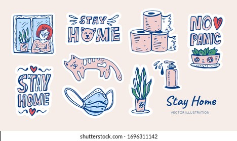 Let's stay home, cat, laptop, plant, toilet paper, sanitizer, girl doodle calligraphy design for. Self isolation and quarantine campaign to protect yourself and save lives from virus and decease. 