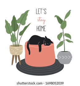 Let's Stay Home. Cat Sleeping On A Ottoman, Cozy Interior In Scandinavian Style With Home Plants. Hand Drawn Vector Illustration. 