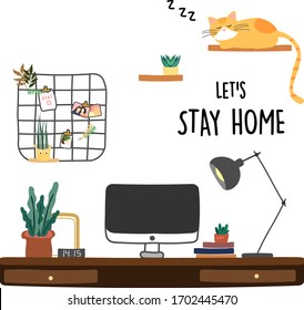 Let's Stay Home. Cozy. Stay at home for self-isolation and stay healthy under Coronavirus COVID-19. Stay Safe. Work from Home. Social distancing during quarantine. Hygge Time. Vector Illustration.