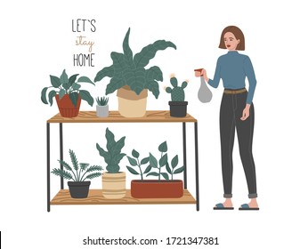 Let's stay home, do your favorite hobby, a young girl watering flowers in her cozy house, urban jungle in apartments. Vector illustration in cartoon flat style. 