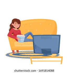 Let's stay home. Girl in a sweater and jeans with popcorn lies on a yellow sofa and watches TV near a round carpet and a coffee table. Colorful vector illustration isolated on white background.