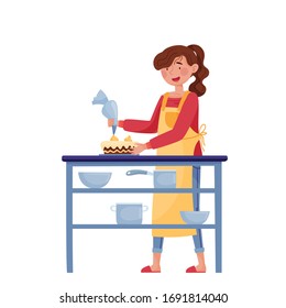 Let's stay home. In the kitchen, girl in yellow apron, sweater and blue jeans is preparing cake, near kitchen table, pan, ladle and plates. Colorful vector illustration isolated on white background