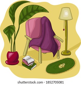 Lets stay home and reading books illustration with plant, books, cat, floor lamp, cheir and blanket.