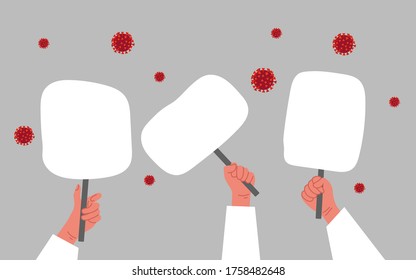 Detengamos el concepto de coronavirus. Gente con carteles de tableta protestando en un fondo gris.