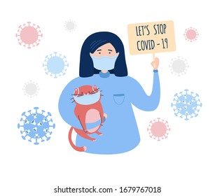 Let's stop Covid-19. Cartoon vector illustration on Coronavirus topic. Woman and a cat in the face masks holding a plate. Corona virus outbreak prevention.