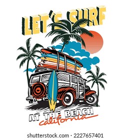 lets surf at the beach, Vector surf car illustration with surfboards and palm trees. For t-shirt prints and other uses.