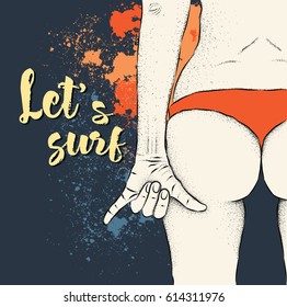 Let's surf. The girl on the beach. Vector illustration