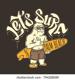 Let's surf gorilla wave rider vector print for t shirt.