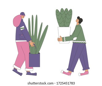 Lets swap. Plant lovers. Two houseplants owners event. Young persons wearing in casual clothes exchanging. Friends spend weekend with their hobby. Vector illustration.