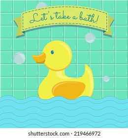 Let's take a bath. Banner with rubber duck swimming in the bathroom. Ribbon with text "Let's take a bath".