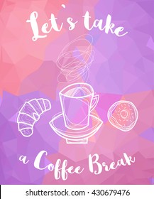 Let`s take a coffee break, Abstract graphic illustration in retro style of 50s, a cup of tea, coffee, drawing for posters, postcards, vector EPS 8