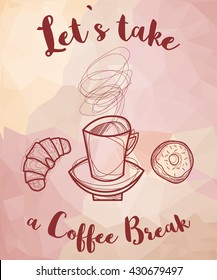 Let`s take a coffee break, Abstract graphic illustration in retro style of 50s, a cup of tea, coffee, drawing for posters, postcards, vector EPS 8
