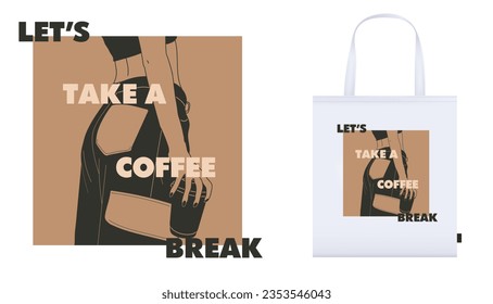 Let's take a coffee break. Beautiful slim young girl dressed in high waisted cargo pants, black top with cup of coffee in hands. Trendy outfit flat vector design on bag mockup. Logo, poster, banner.