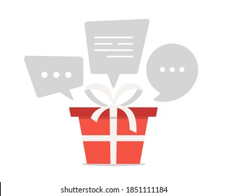 Let's talk about gifts. Red gift with a white ribbon around which clouds of chat or messages bubble in the air. Cartoon flat vector illustration