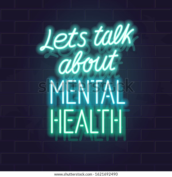 Let\'s talk about mental\
health neon typography. Isolated vector glowing handwritten\
lettering on brick wall background. Square illustration for social\
network, poster.