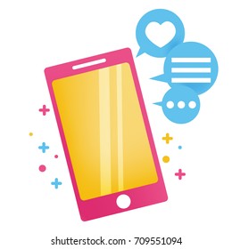 Let's talk banner. Bright cute phone with icons of messages and likes. Vector flat illustration