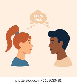 Let's Talk. Communication for understanding. Two diverse women engaging in dialogue. Represents open conversation, tolerance, and bridging differences