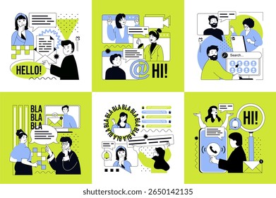 Lets talk concept of social media banners set for web design. People communicating, sending emails and messages, networking, chatting in groups and communities, video calling. Vector illustrations.