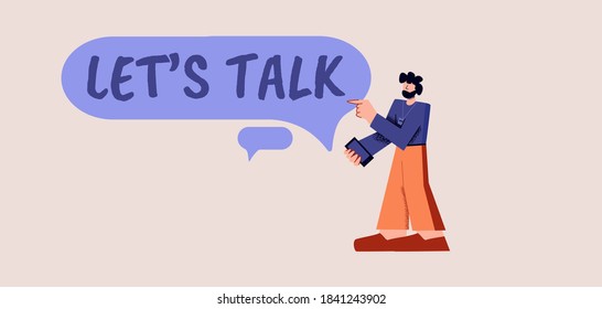 Lets talk poster. Symbol communication and purple discussion of interesting topics marketing dialogue with statements reputable businessmen social conversation with vector psychologist.