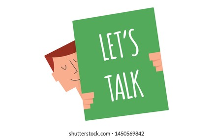 
let's talk sign on a board vector illustration. Man holding a sign "let's talk". Business and Digital marketing concept for website and banners promotions.