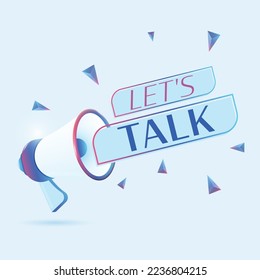 Let's talk text with 3d realistic megaphone vector illustration. Banner template to announce news about webinar in social media, training course, marketing technology poster