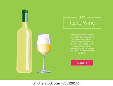 Let's taste wine web page design with white wine bottle and shiny glass near to it on green background. Vector illustration with room for site elements