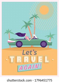 Lets travel again. Back to travelling. Tourism, summer travel concept. Vintage portrait poster. Girls on vacation. Florida beach. Editable vector illustration in retro style.
