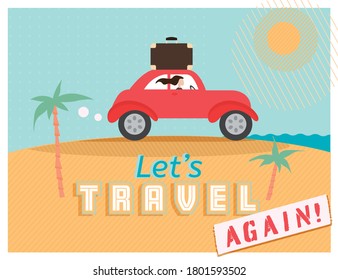 Lets travel again. Back to travelling. Tourism, summer travel concept. Vintage landscape poster. Girls on vacation. Florida beach. Editable vector illustration in retro style.