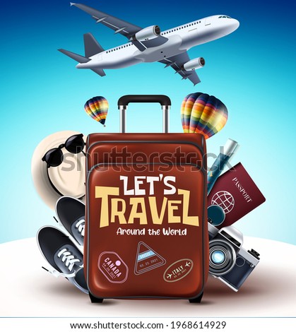 Let's travel around the world vector design. Let's travel around the world text with luggage, sneakers, passport, and camera traveling elements for international tour. Vector illustration

