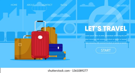 Lets Travel Concept. Suitcase Bag Tourist Baggage Passenger Lugagge in Airport Terminal Window Airplane Vector Illustration. Buy Plane Ticket Online Trip Vacation Company Interface