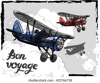 Lets Travel Concept Vector Illustration. Retro Airplane Poster. Old Model Plane Is Flying In The Sky Postcard. Bon Voyage.