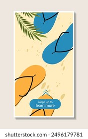 Lets travel cover. Top view of blue and yellow flip flops. Tropical and exotic country, resort. Holiday and vacation. Comfortable footwear. Flat vector illustration isolated on beige background