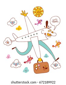 Let's travel - fun airplane cartoon illustration