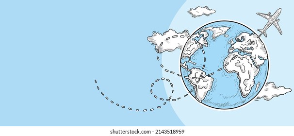 Let's Travel Hand Drawn Vector Banner Template Design. Plane Flying and Traveling Around the World. Globe Earth and clouds sky. Add Your Own Text or Design in The Empty Place.