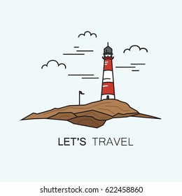 Let's travel illustration in flat linear style with lonely lighthouse on a background of rock and sky and text. Travel concept. Vector.