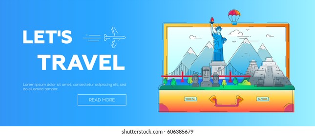 Lets Travel - modern vector line travel web page header illustration. Discover the New World continent. World famous landmarks in a suitcase - statue of liberty, brooklyn bridge, mayan temple