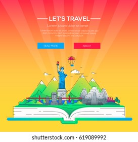 Lets travel - modern vector line travel illustration. Discover the New World continent. Have a trip, enjoy your vacation. Landmarks on a book - stature of liberty, brooklyn bridge, mayan temple