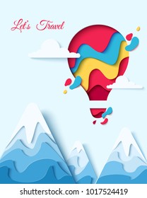 Lets Travel paper art concept of hot air balloon in sky with clouds over mountains. Vector travel origami paper cut banner