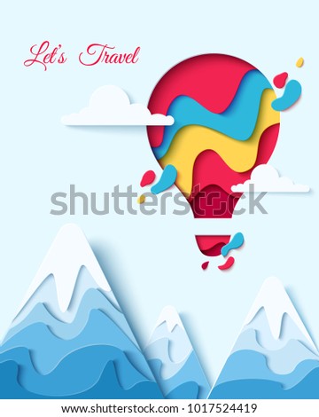 Lets Travel paper art concept of hot air balloon in sky with clouds over mountains. Vector travel origami paper cut banner